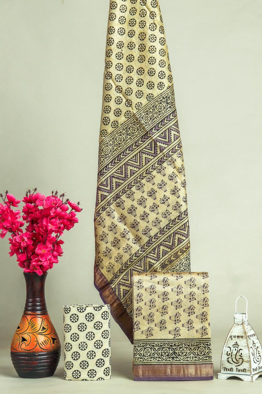 Traditional Bagru Printed Maheshwari Silk Suit (Mslys196)