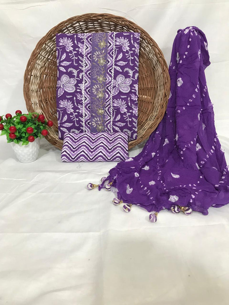JAIPURI PRINTED COTTON HAND WORK SUITS WITH BANDHEJ DUPATTA (GOTAYS88)