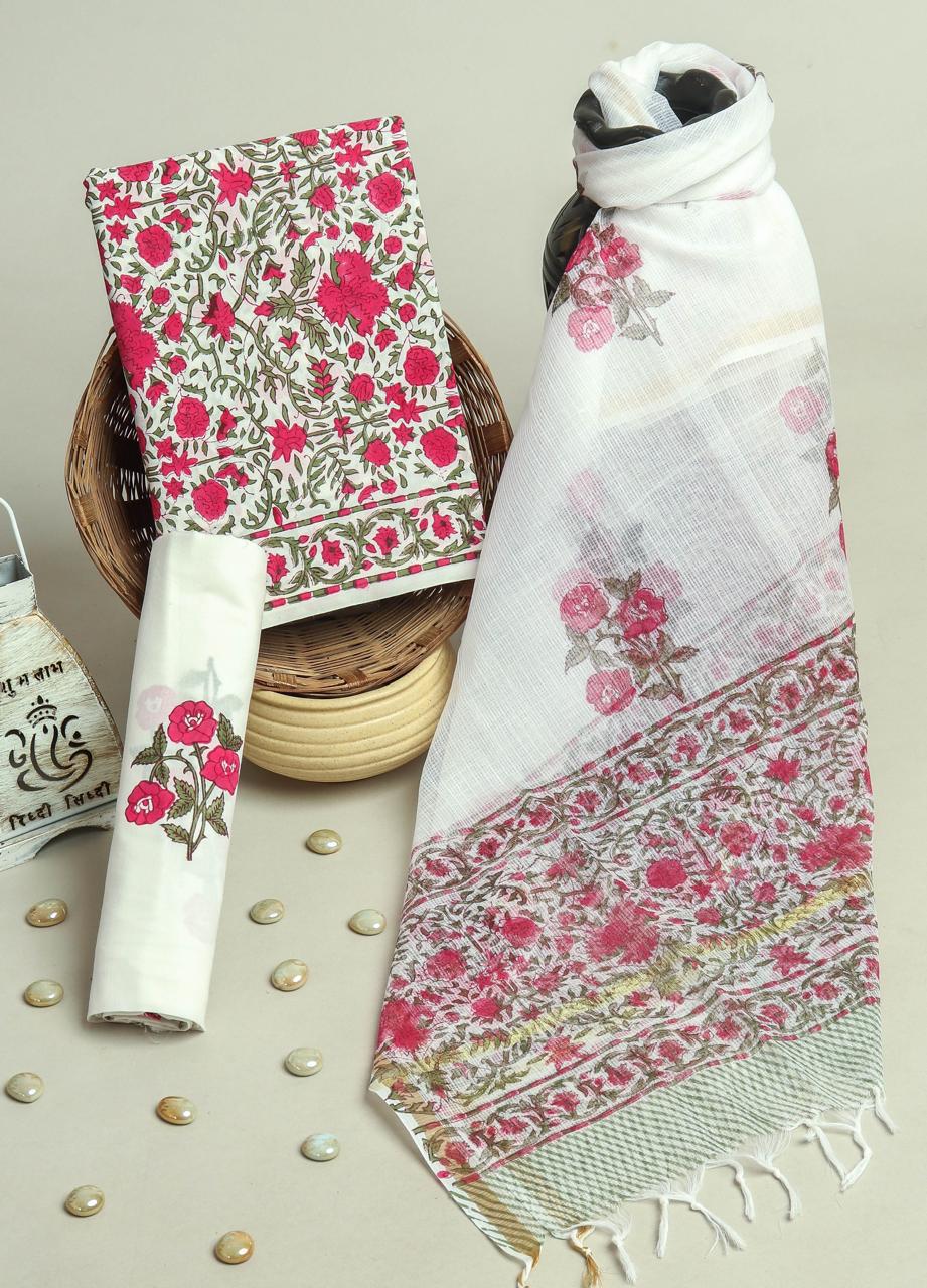 TRADITIONAL HAND HAND BLOCK PURE COTTON SUIT WITH KOTA DORIA DUPATTA (3CKDYS244)