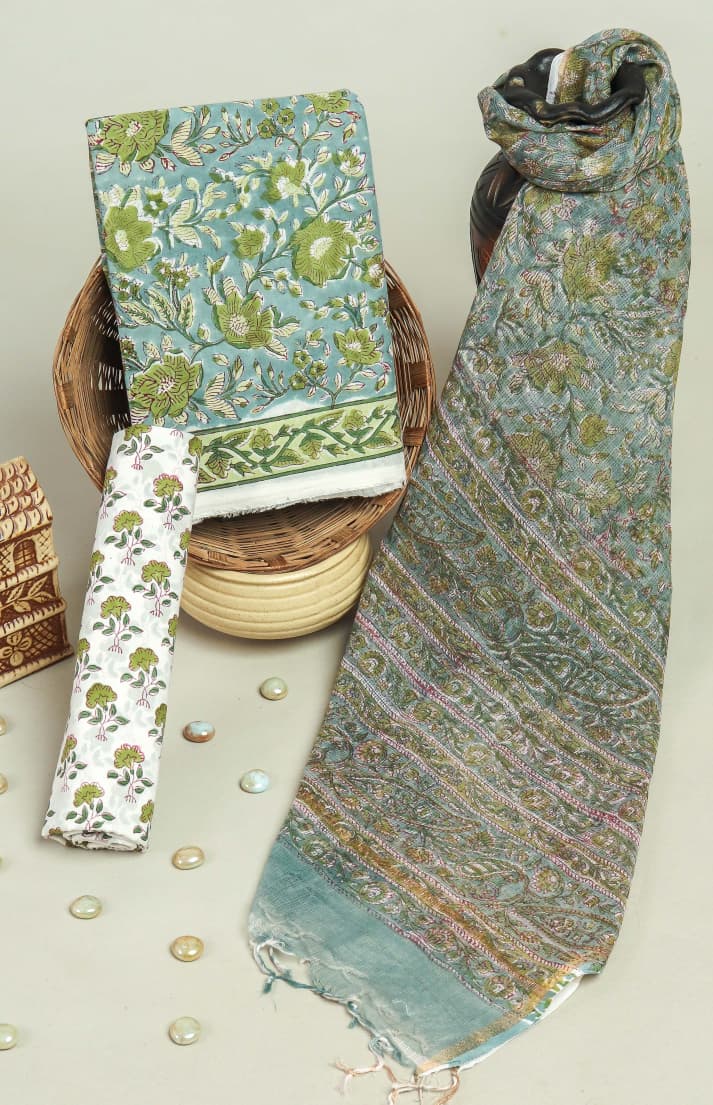 APPEALING FLORAL HAND BLOCK PRINT COTTON SUIT WITH KOTA DORIA DUPATTA (3CKDYS243)