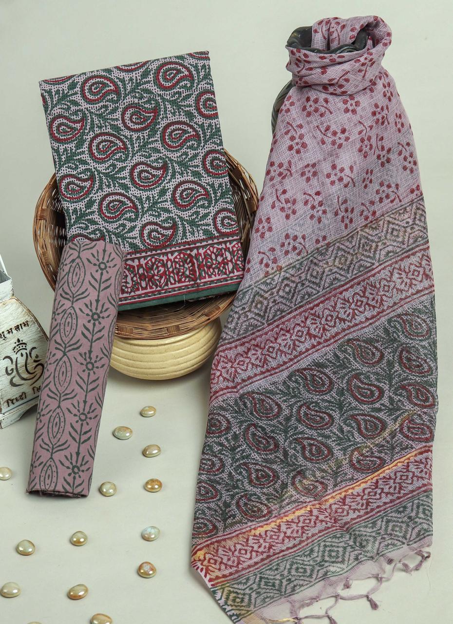 DESIGNER HAND BLOCK PRINT PURE COTTON SUIT MATERIAL WITH KOTA DORIA DUPATTA (3CKDYS224)