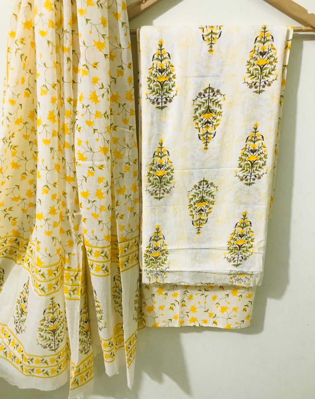 ELEGANT AND BLOCK PRINT PURE COTTON SUIT WITH COTTON MULMUL DUPATTA(MALYS188)