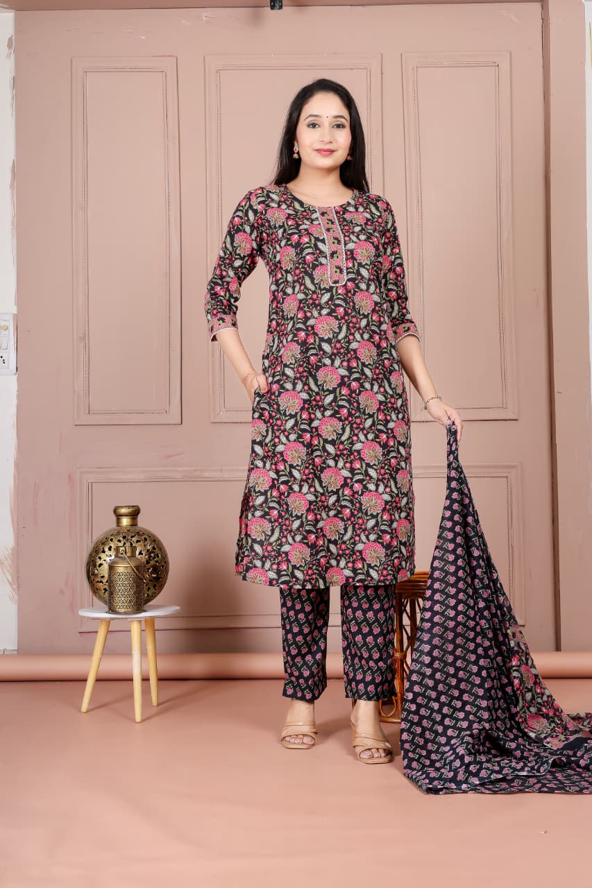 Flower print cotton suit with mulmul dupatta (CSSYS03)