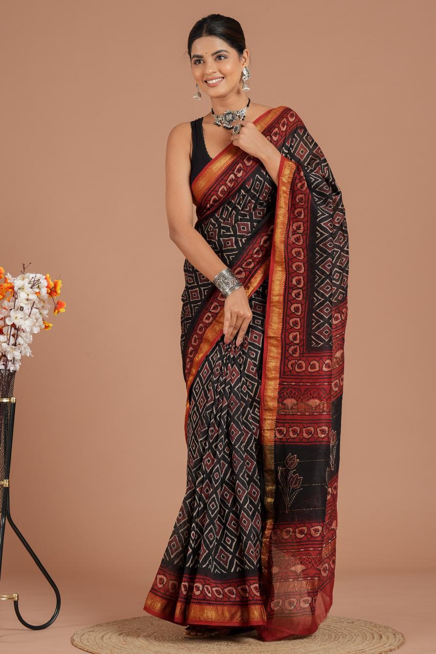 DESIGNER HAND BLOCK PRINTED MAHESWARI SILK SAREE ( MSYS07)