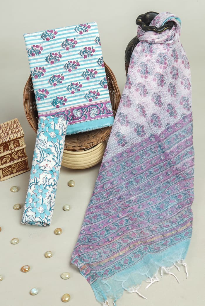 DESIGNER HAND BLOCK PRINT PURE COTTON SUIT MATERIAL WITH KOTA DORIA DUPATTA( 3CKDYS48)