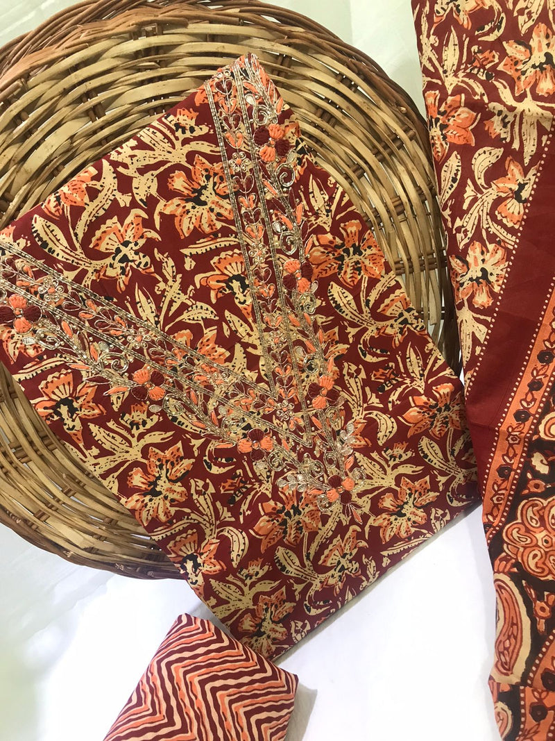 SANGANERI PRINT COTTON SUIT MATERIAL WITH MULMUL DUPATTA NECK WORK (GOTAYS122