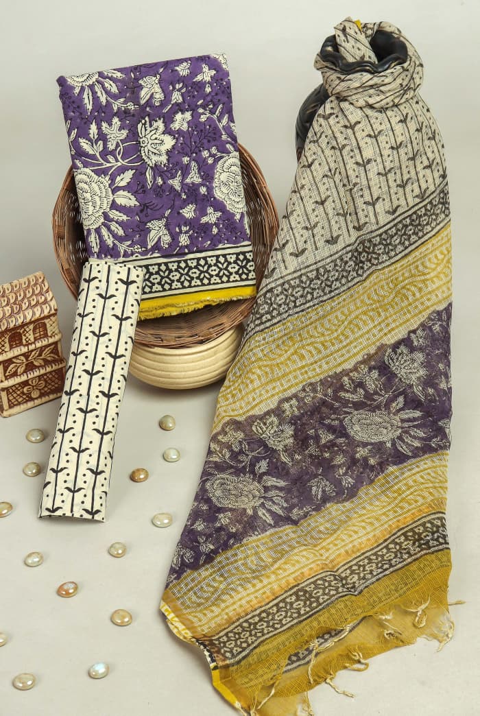 APPEALING FLORAL HAND BLOCK PRINT COTTON SUIT WITH KOTA DORIA DUPATTA (3CKDYS225)