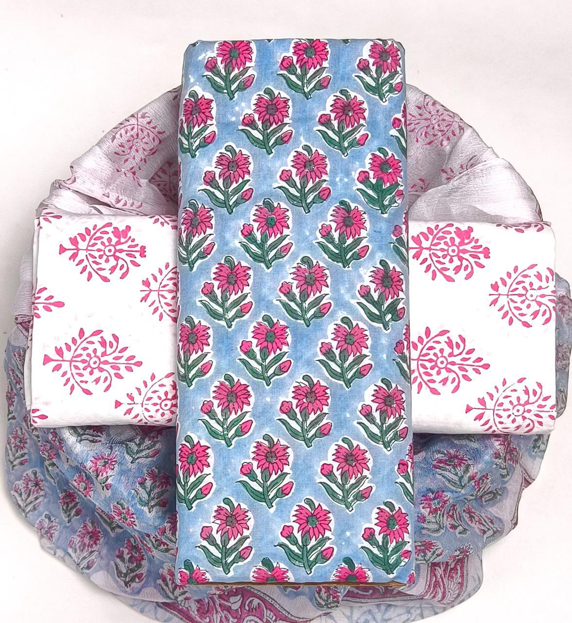 DESIGNER HAND BLOCK PRINT PURE COTTON SUIT WITH CHIFFON DUPATTA (PCHFYS162)