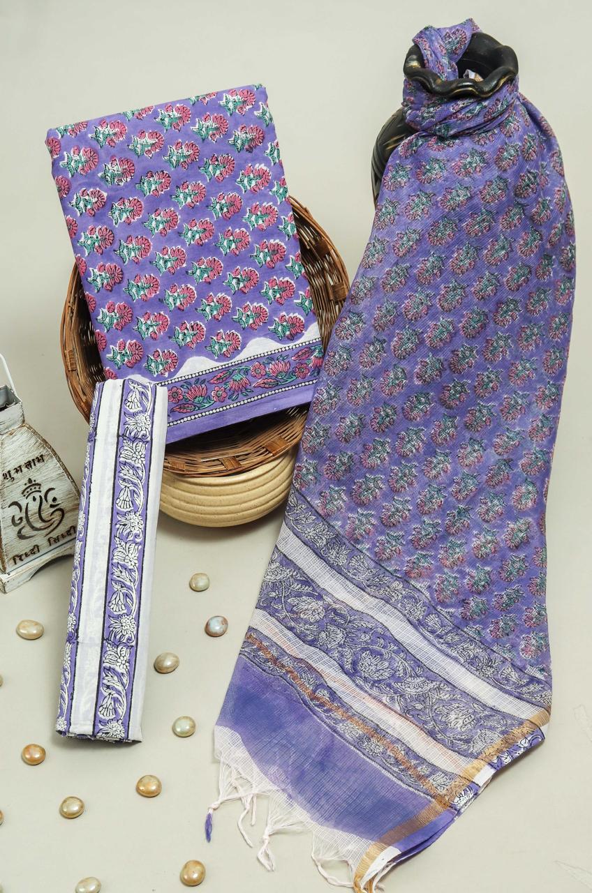 TRADITIONAL HAND BLOCK PRINT PURE COTTON SUIT MATERIAL WITH KOTA DORIA DUPATTA (3CKDYS95)