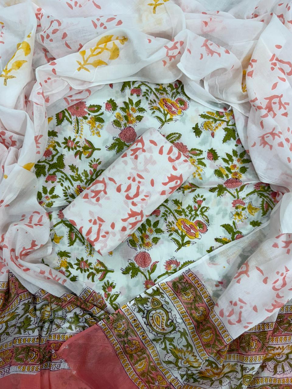 Designer Hand Block Print Cotton Suit Set with Mulmul Dupatta (MALYS295)