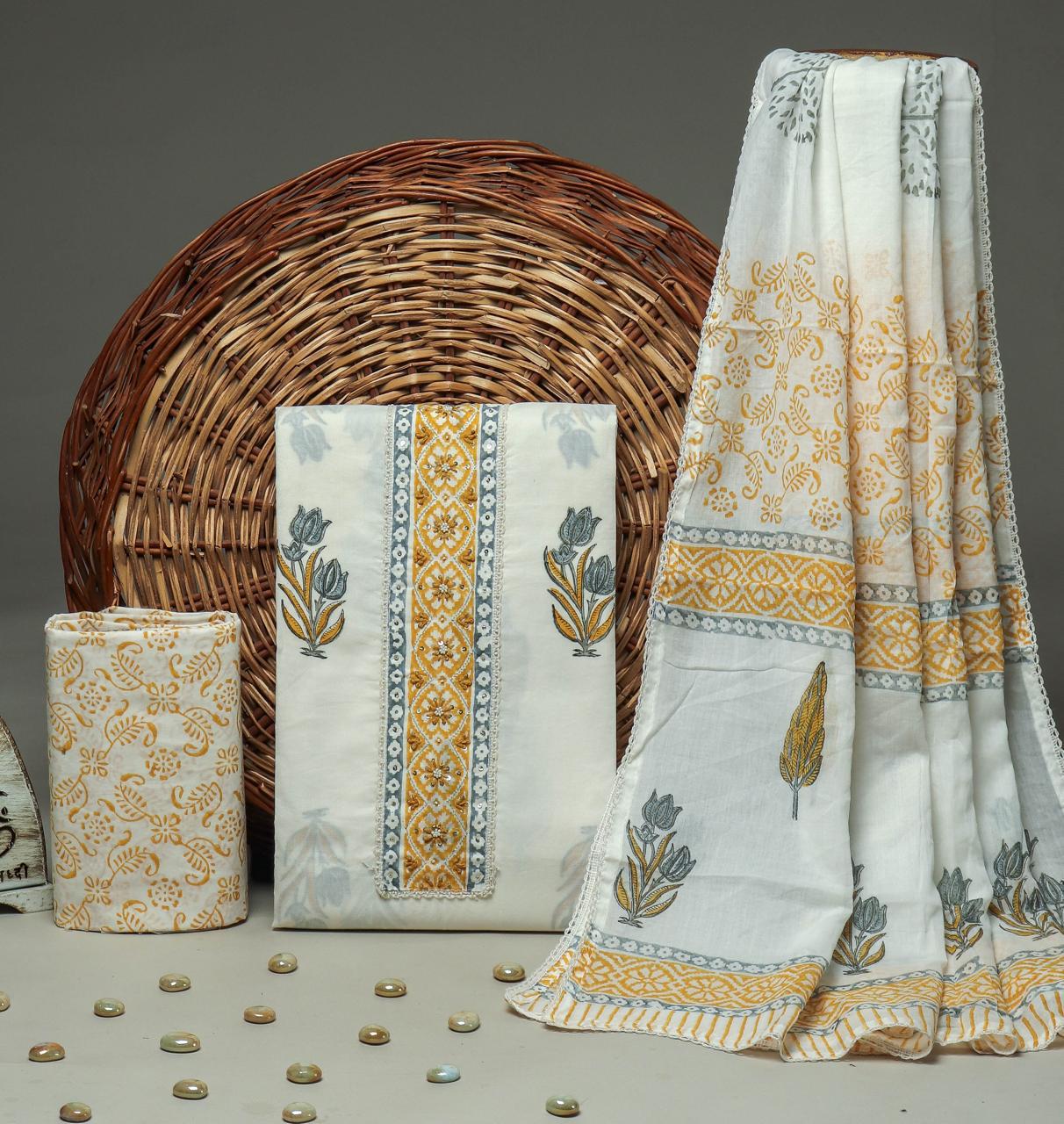 SANGANERI PRINT COTTON SUIT MATERIAL WITH COTTON DUPATTA WITH GOTA HAND WORK (GOTAYS77)