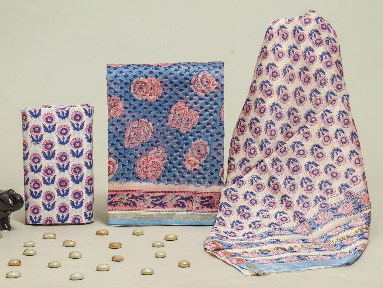 ELEGANT  HAND BLOCK CHANDERI SILK SUIT SET WITH CHANDERI DUPATTA (CHDYS164)