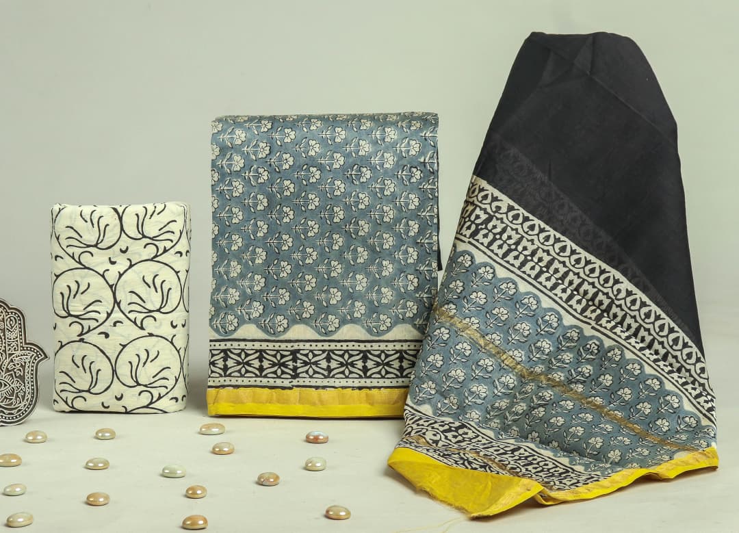 Designer Ajark Print Hand Block Chanderi Silk Suit set with Chanderi Dupatta (CHDYS131)