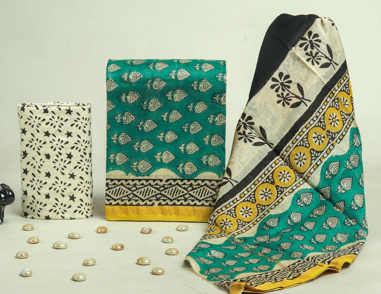 Designer Hand Block Chanderi Silk Suit set with Chanderi Dupatta (CHDYS125)