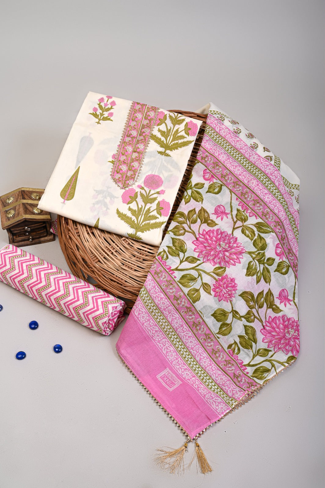 JAIPURI PRINTED COTTON NECK WORK SUITS WITH MULMUL DUPATTA (GOTAYS132)