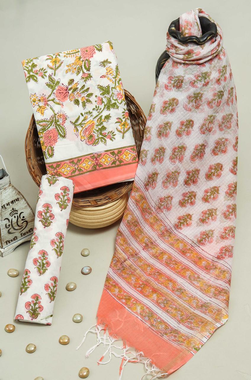 Designer Hand Block Print Pure Cotton Suit Material with Kota Doria Dupatta(3CKDYS01)