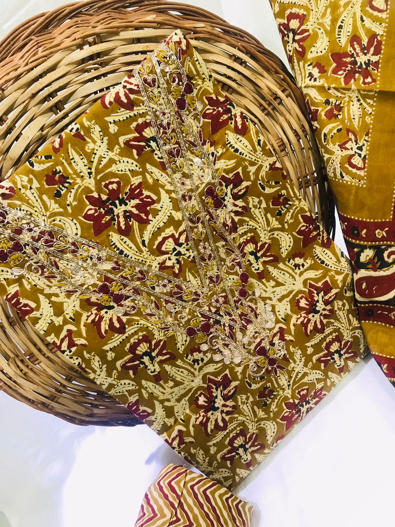 JAIPURI PRINTED COTTON NECK WORK SUITS WITH MULMUL DUPATTA (GOTAYS56)