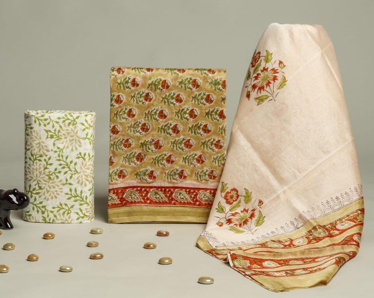 TRADITIONAL HAND BLOCK CHANDERI SILK SUIT SET WITH CHANDERI DUPATTA (CHDYS119)