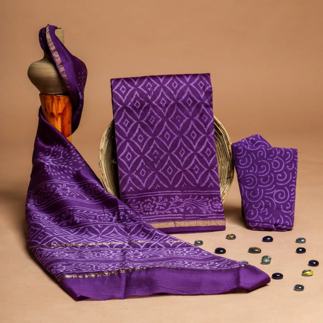 DESIGNER HAND BLOCK PRINT CHANDERI SILK SUIT SET WITH PREMIUM CHANDERI DUPATTA (CHDYS49)