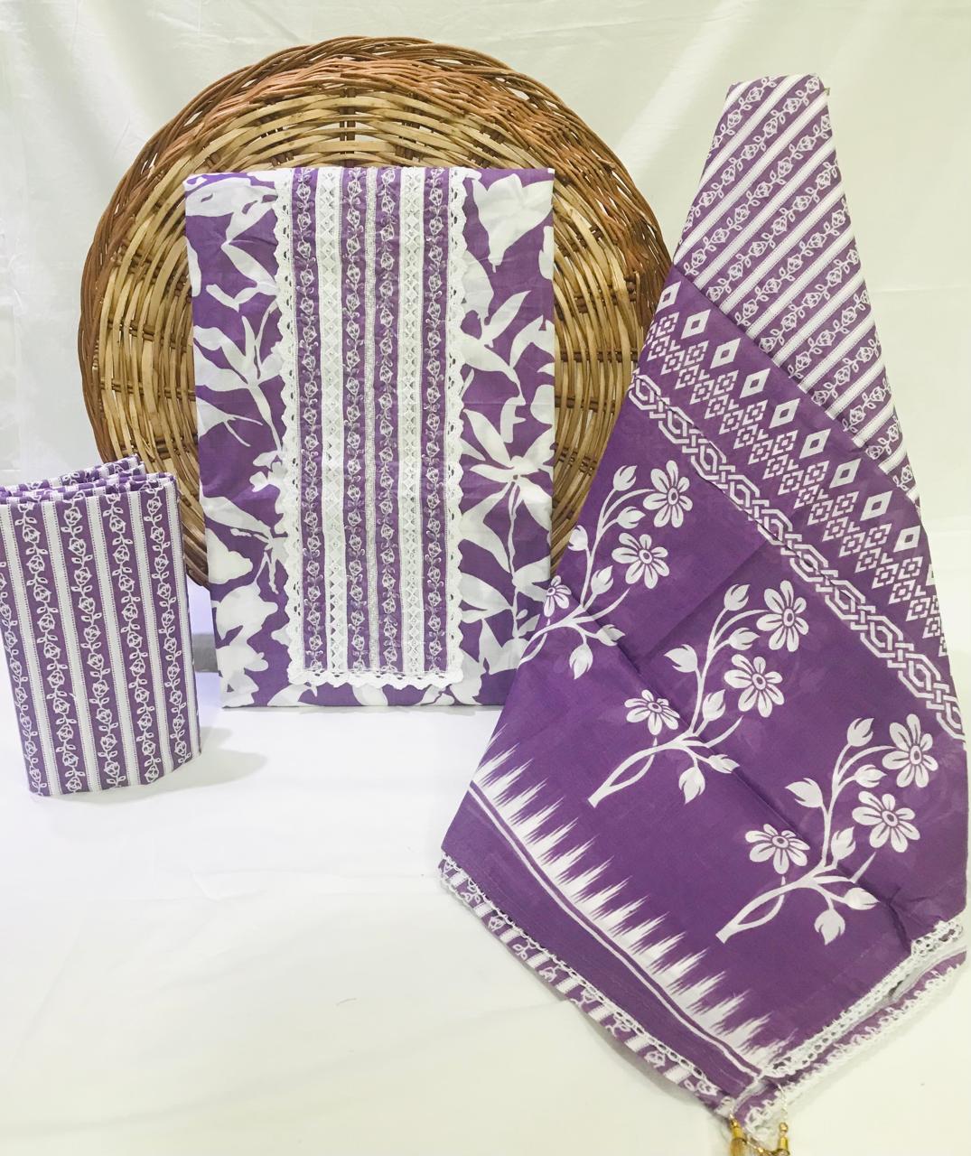 JAIPURI PRINTED COTTON NECK WORK SUITS WITH MULMUL DUPATTA (GOTAYS154)