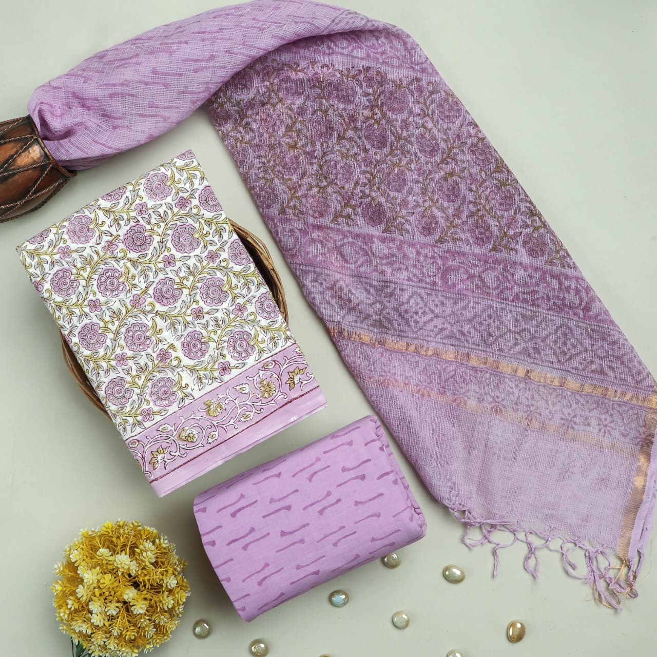 TRADITIONAL HAND BLOCK PRINT PURE COTTON SUIT WITH DORIA DUPATTA (3CKDYS97)