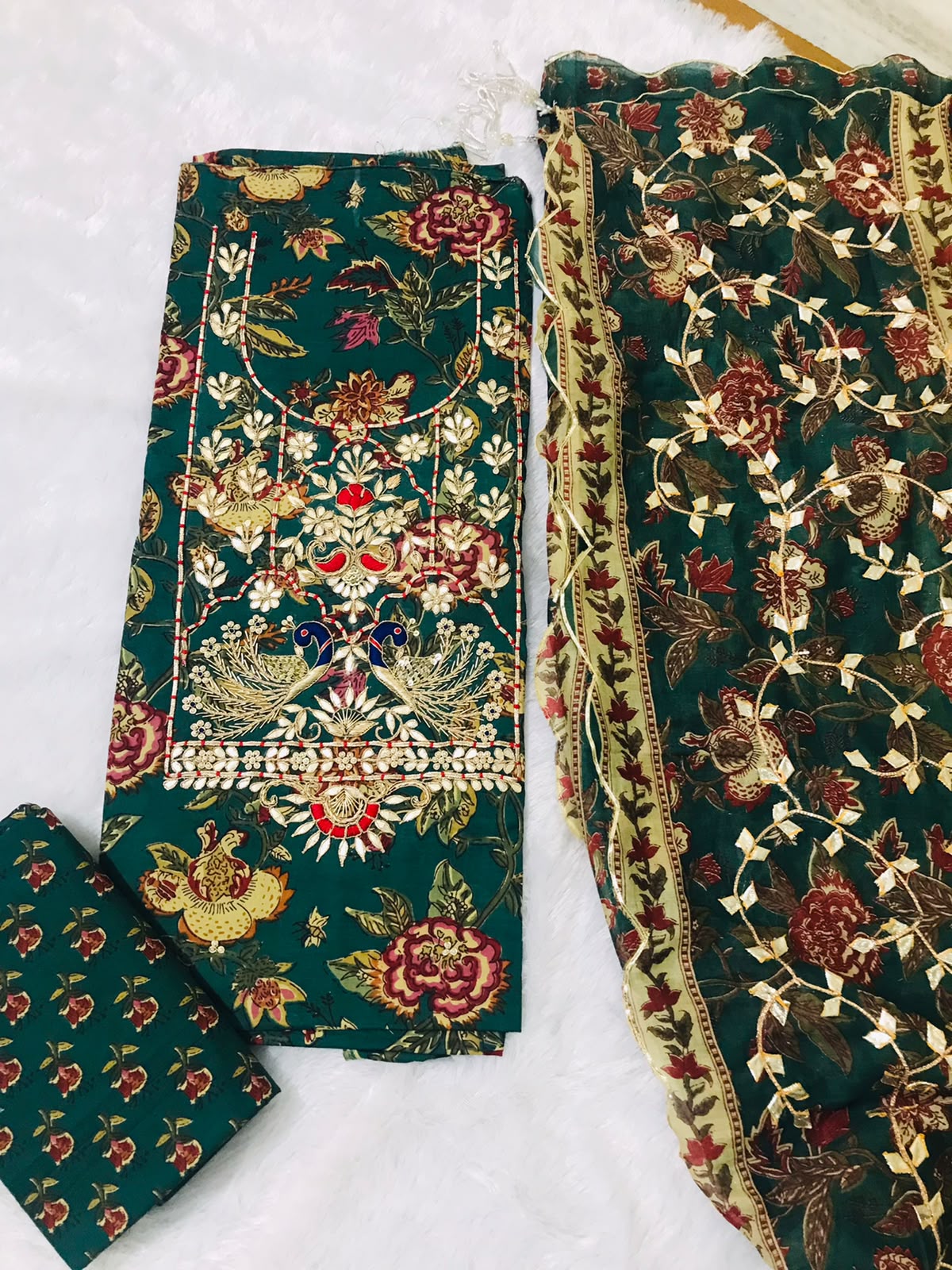 EXCLUSIVE HAND BLOCK PRINT PURE COTTON SUIT WITH ZARDOGI HANDWORK (GOTAYS56)