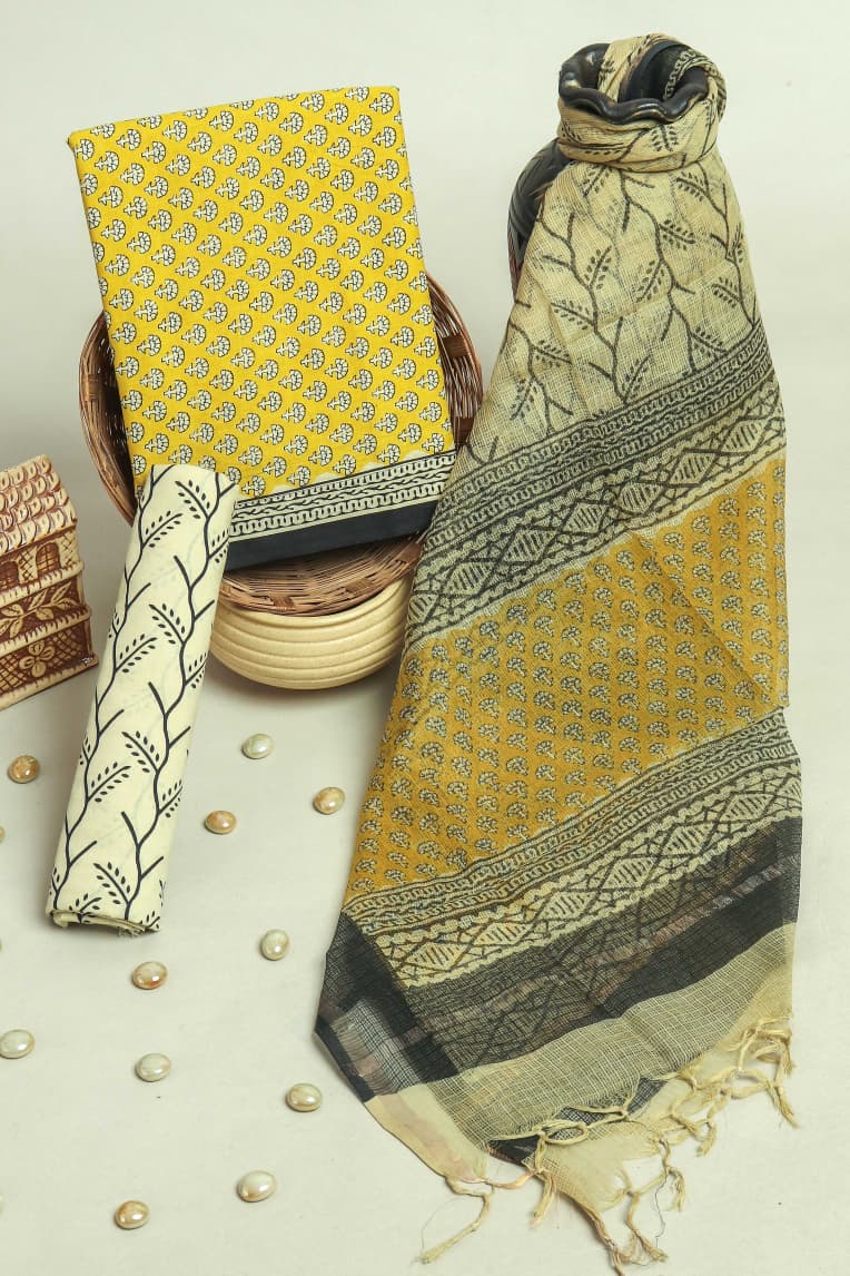 APPEALING FLORAL HAND BLOCK PRINT COTTON SUIT WITH KOTA DORIA DUPATTA (3CKDYS245)