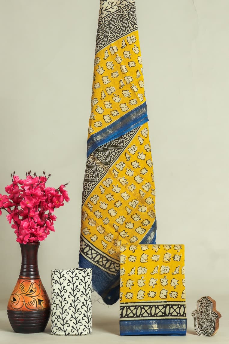 NEW DESIGNER HAND BLOCK PRINT MAHESHWARI SILK SUIT SET (MSLYS32)
