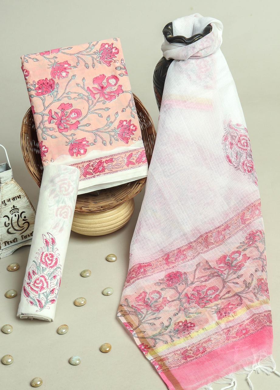 FLORAL HAND BLOCK PRINT PURE COTTON SUIT WITH DORIA DUPATTA(3CKDYS150)