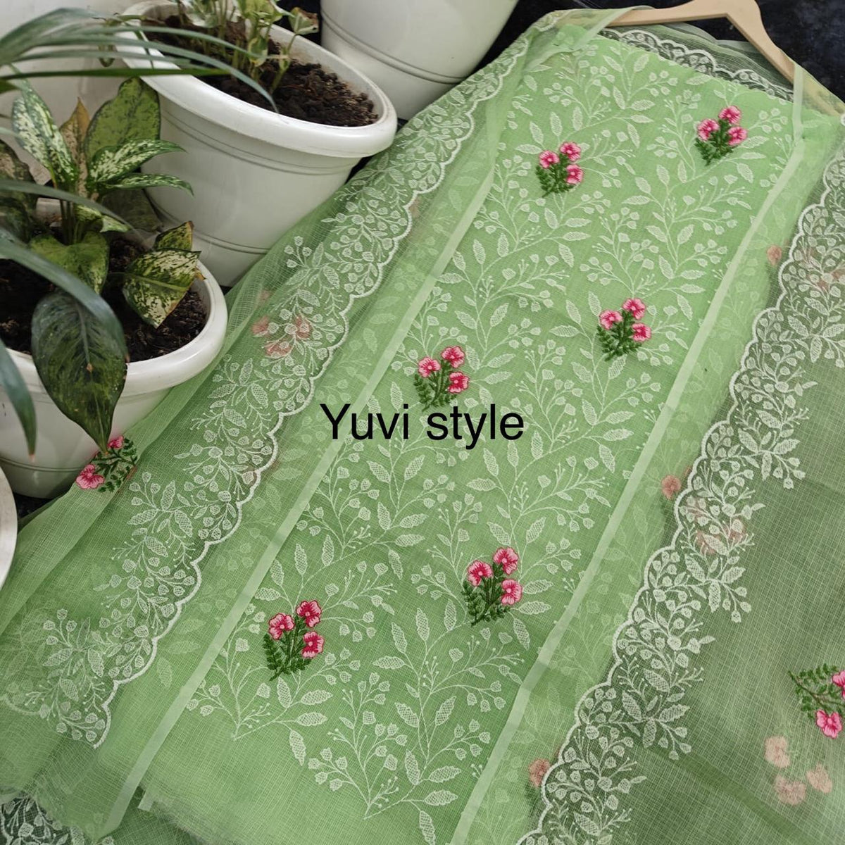 Yuvi Style Green Kota Doria Suit With Embroidery Work (FKDYS79)