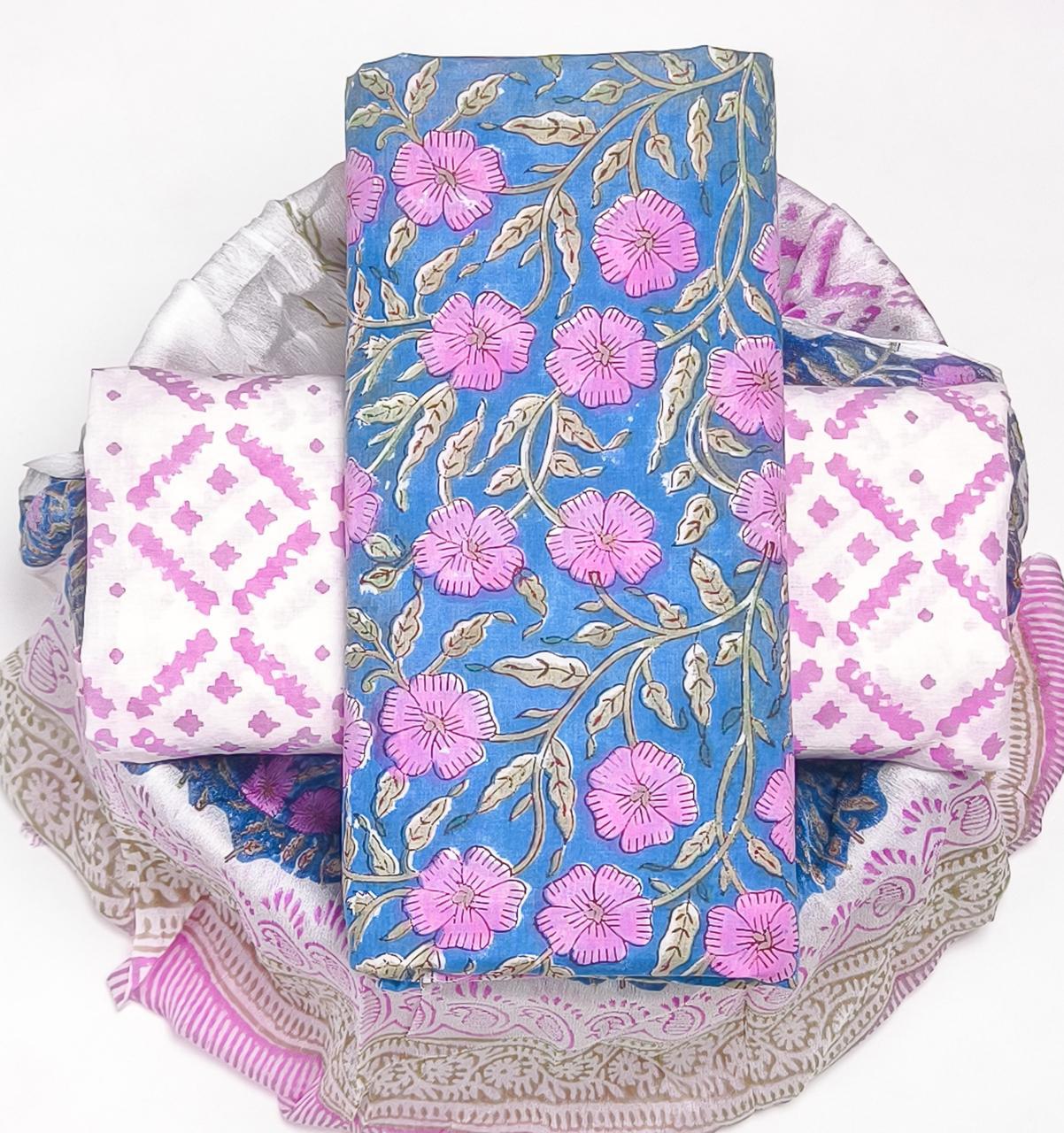 EXCLUSIVE HAND BLOCK PRINT PURE COTTON SUIT WITH CHIFFION DUPTTA (PCHFYS90)