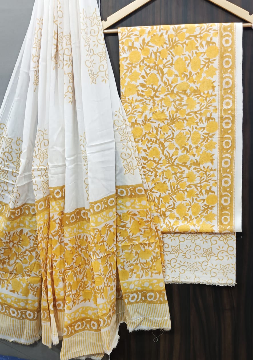 ELEGANT AND BLOCK PRINT PURE COTTON SUIT WITH COTTON MULMUL DUPATTA(MALYS185)