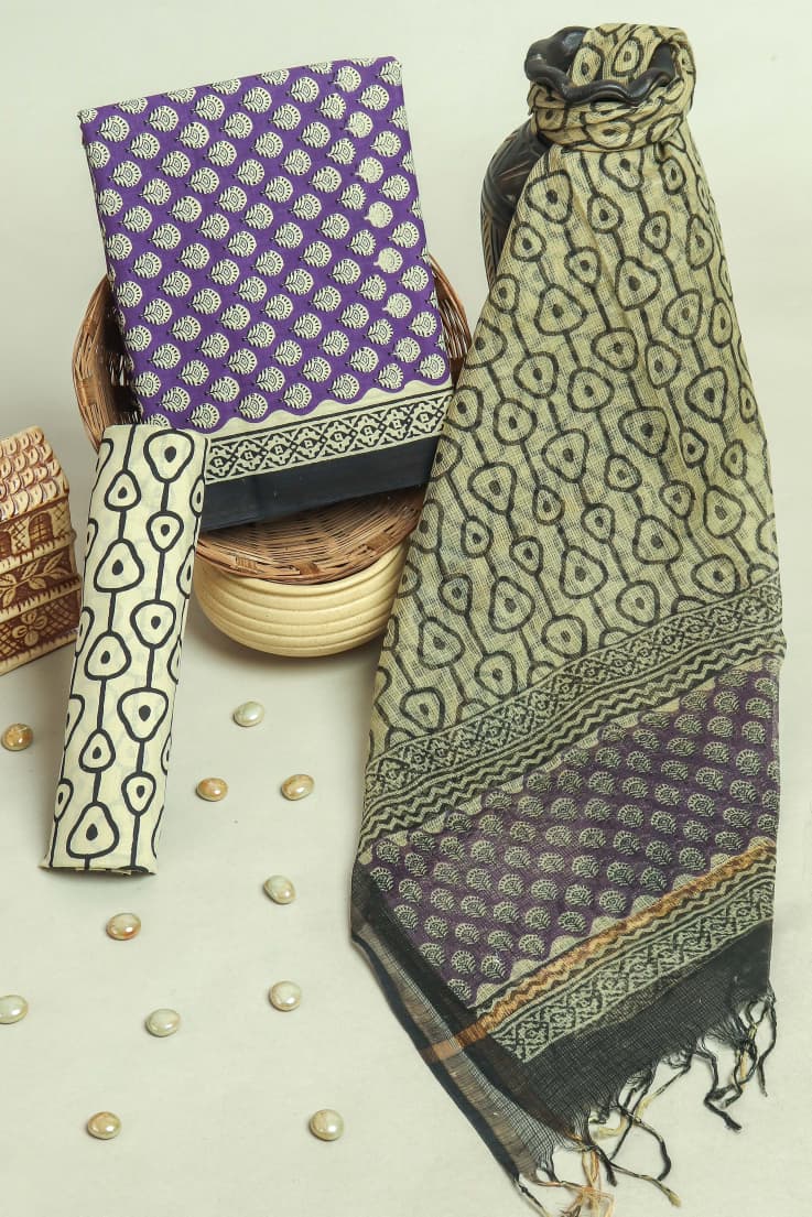 APPEALING FLORAL HAND BLOCK PRINT COTTON SUIT WITH KOTA DORIA DUPATTA (3CKDYS218)