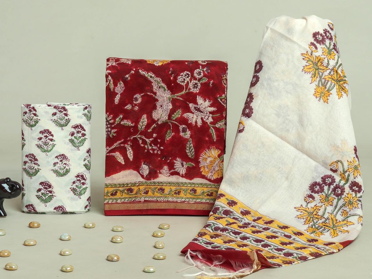 TRADITIONAL HAND BLOCK PRINT CHANDERI SILK SUIT SET WITH CHANDERI DUPATTA (CHDYS95)