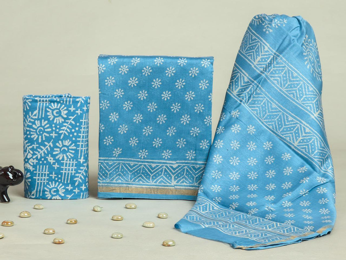 ELEGANT HAND BLOCK CHANDERI SILK SUIT SET WITH CHANDERI DUPATTA (CHDYS268)