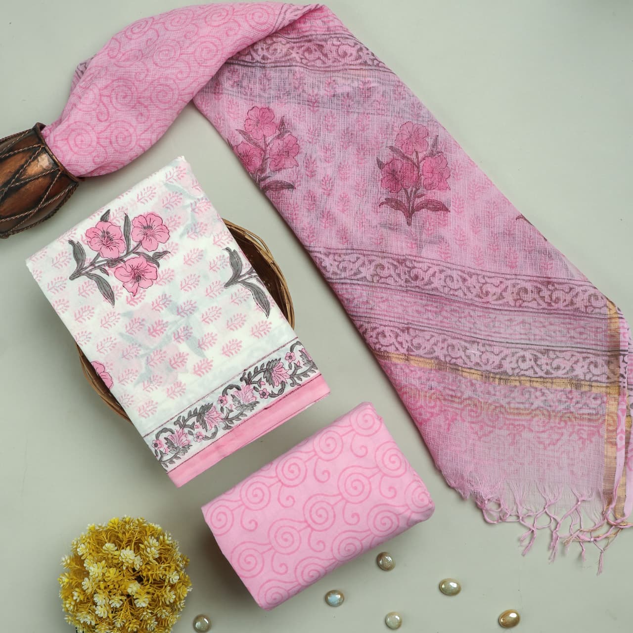 DESIGNER HAND BLOCK PRINT PURE COTTON SUIT MATERIAL WITH KOTA DORIA DUPATTA (3CKDYS40)