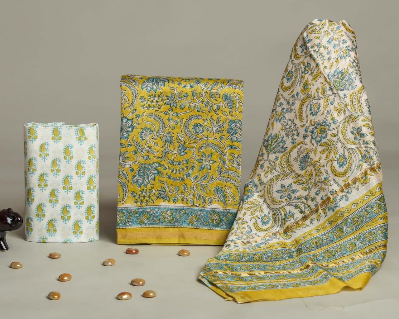 DESIGNER HAND BLOCK PRINT CHANDERI SILK SUIT SET WITH PREMIUM CHANDERI DUPATTA (CHDYS76)