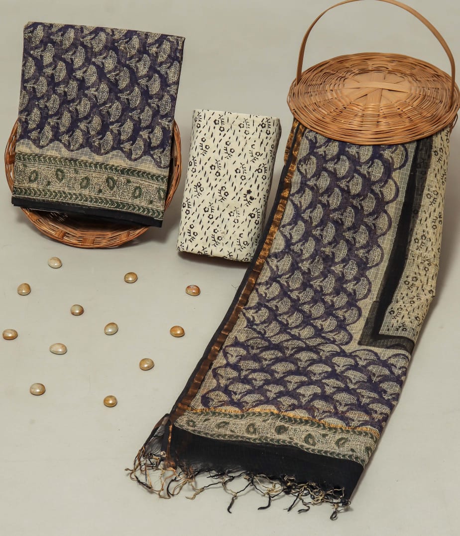 Traditional Kota Designer Handblock Printed Cotton Kota Doria un-stitched Suit With Dupatta