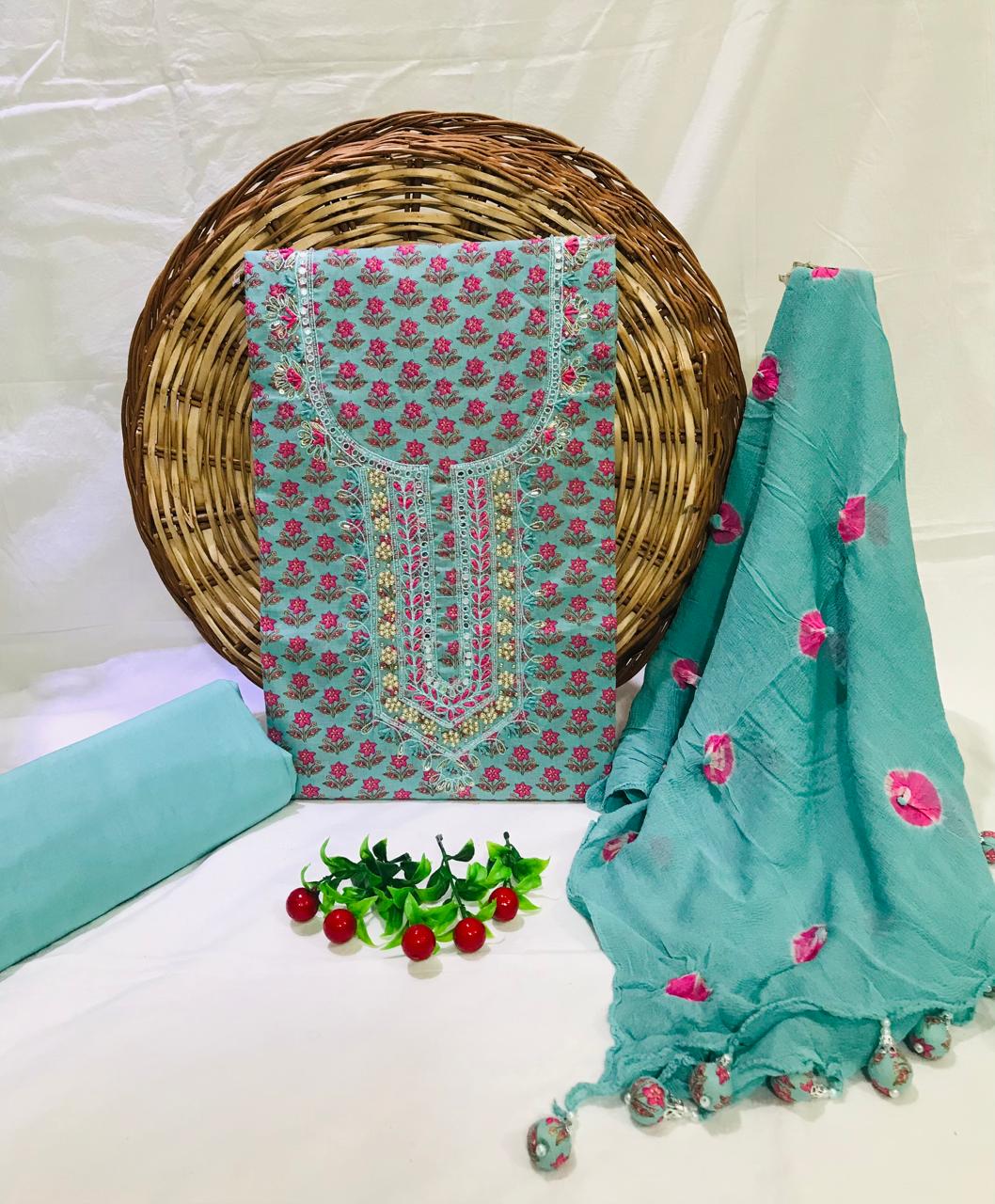 SANGANERI PRINT COTTON SUIT MATERIAL WITH CHIFFION DUPATTA NECK WORK (GOTAYS139)