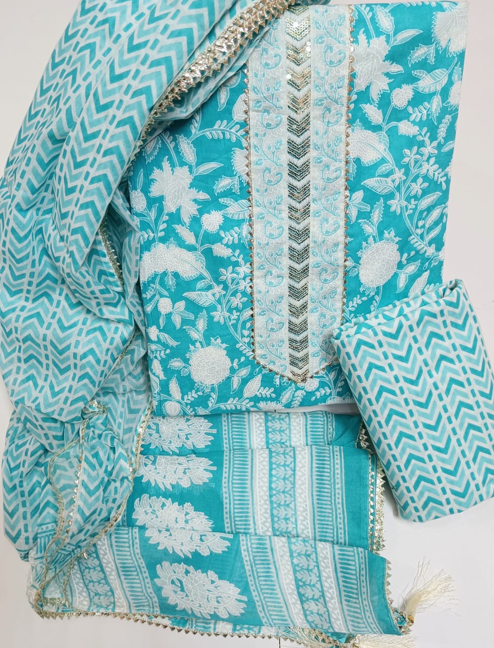 Sanganeri print cotton suit material with cotton dupatta Gotta Tye neck work (GOTAYS11)