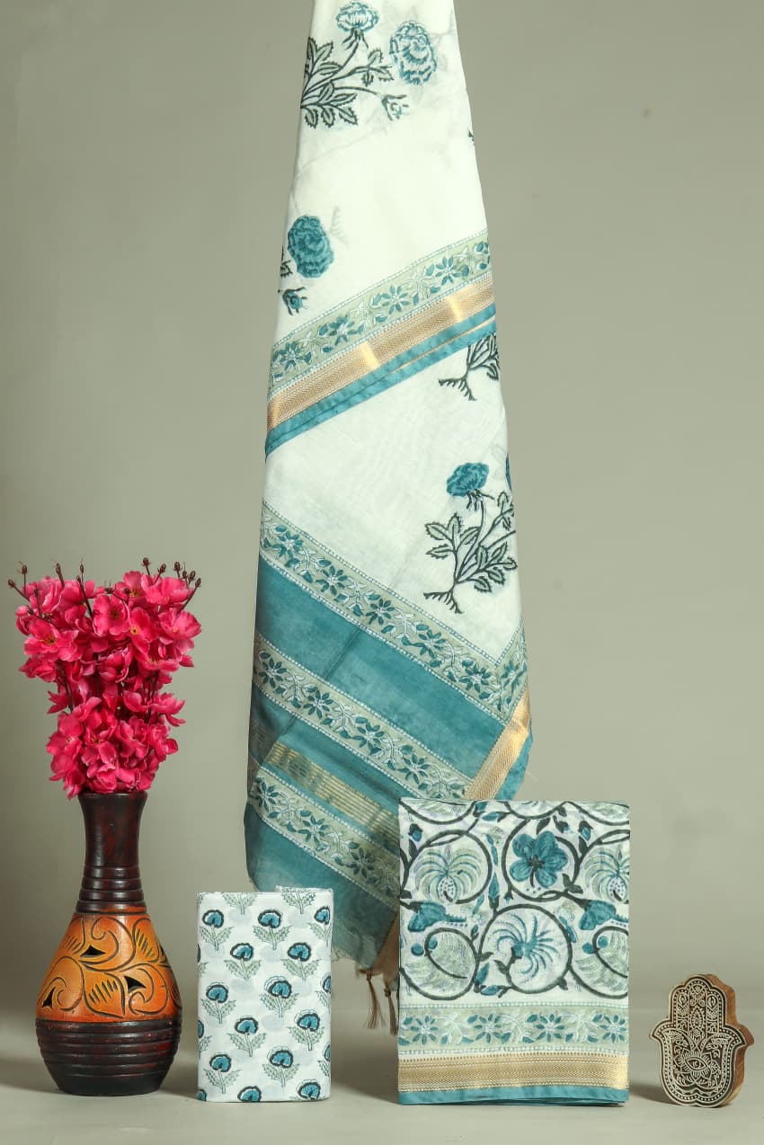 EXCLUSIVE HAND BLOCK PRINT MAHESHWARI SILK SUIT WITH MAHESHWARI SILK DUPPTA (MSLYS154)