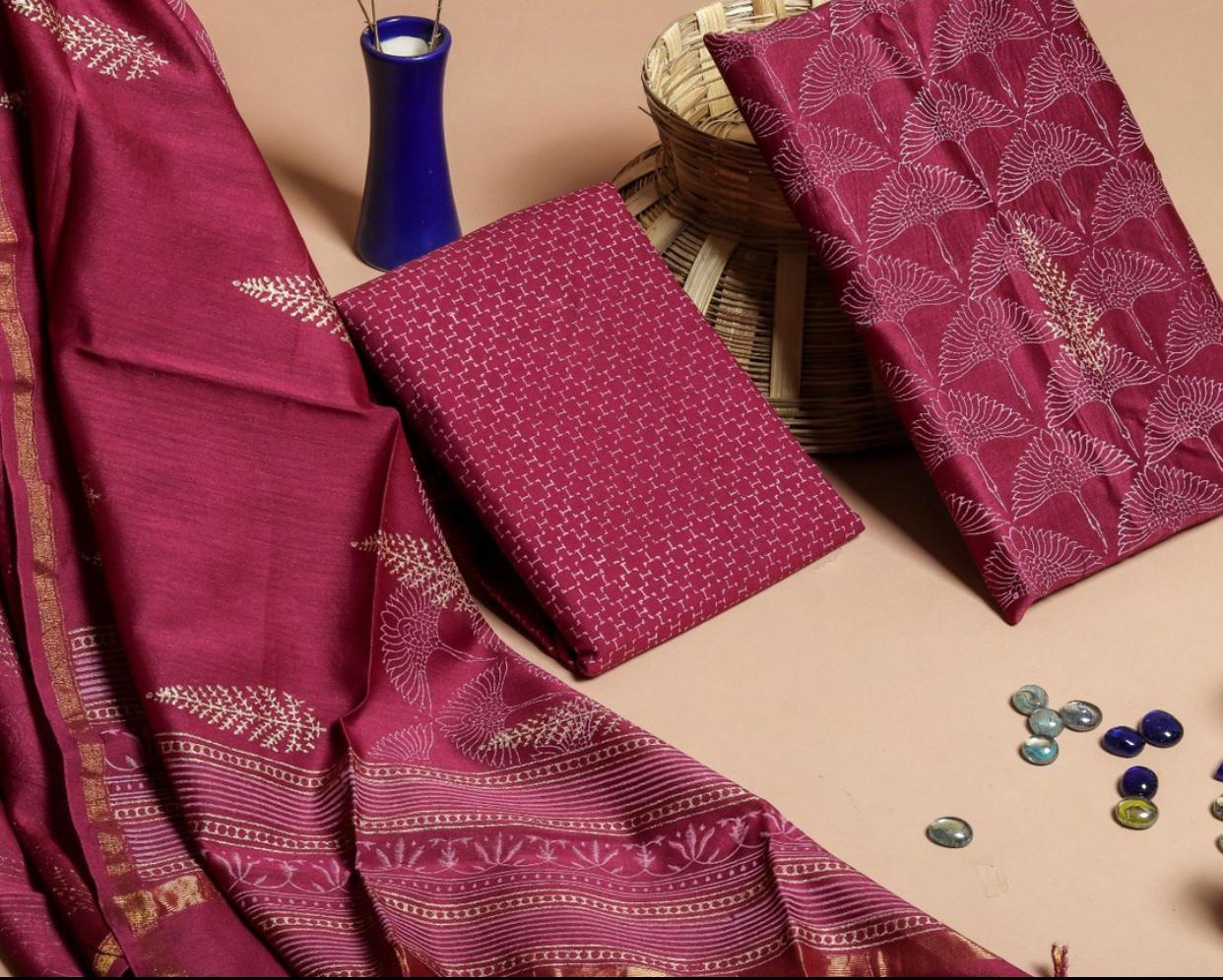 TRADITIONAL HAND BLOCK CHANDERI SILK SUIT SET WITH CHANDERI DUPATTA(CHDYS155)