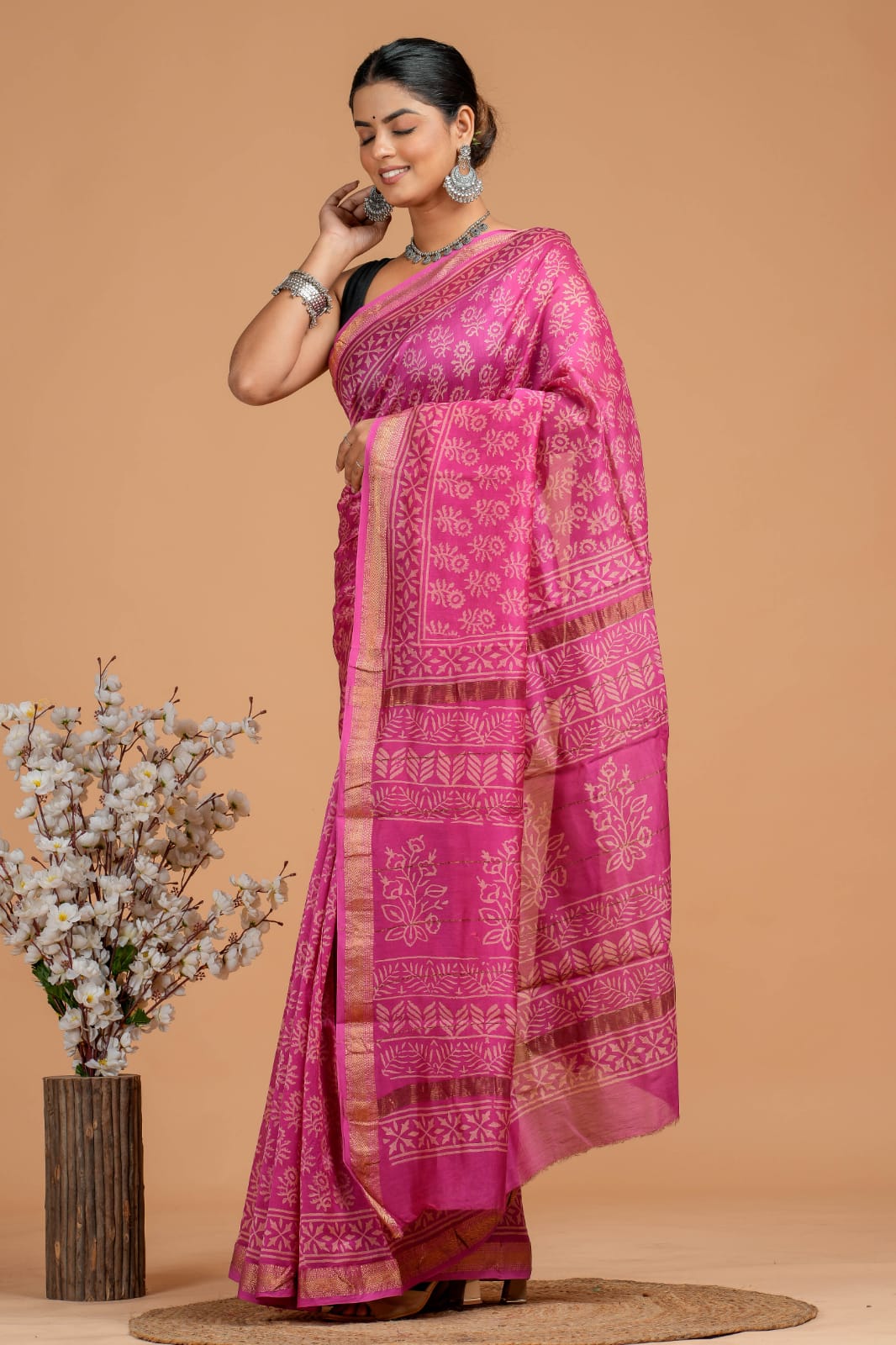 DESIGNER HAND BLOCK PRINTED MAHESWARI SILK SAREE ( MSYS07)