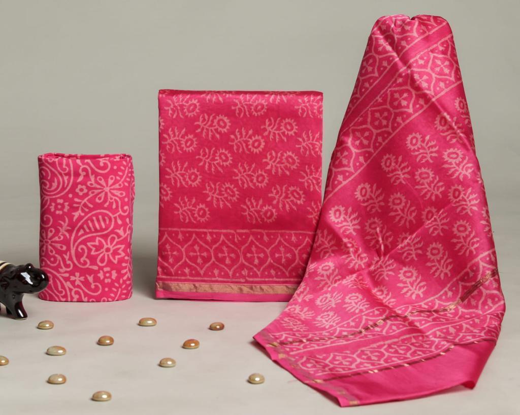 YUVI STYLE HAND BLOCK CHANDERI SILK SUIT SET WITH CHANDERI DUPATTA (CHDYS203)