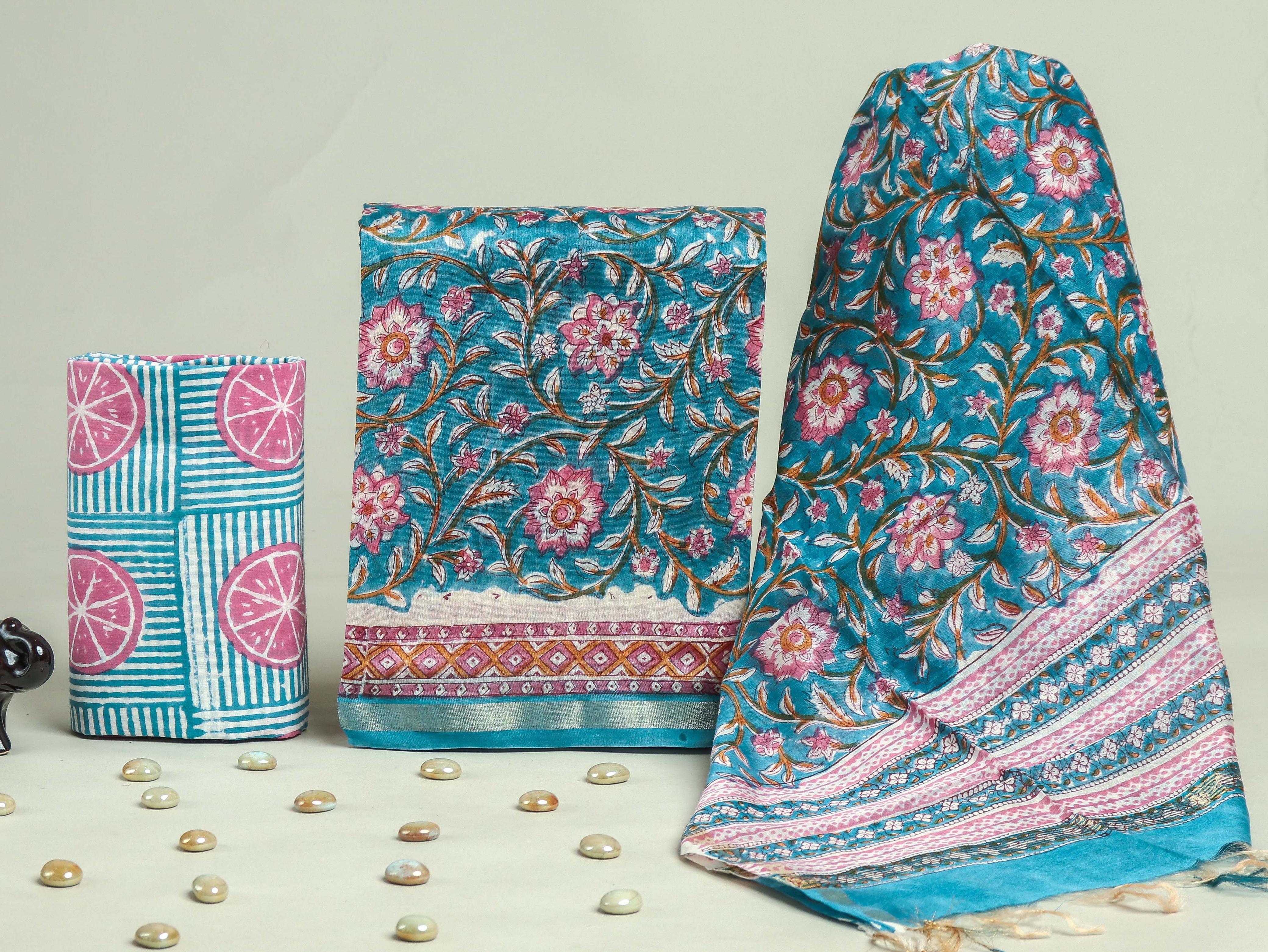 DESIGNER HAND BLOCK PRINT CHANDERI SILK SUIT SET WITH PREMIUM CHANDERI DUPATTA (CHDYS82)