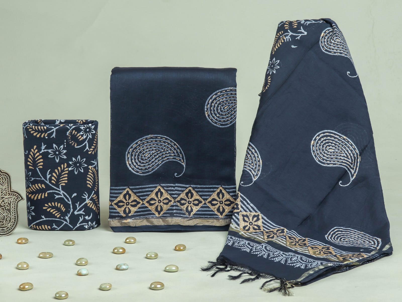 YUVI STYLE HAND PRINTED CHANDERI SILK SUIT SET WITH CHANDERI DUPATTA (CHDYS211)