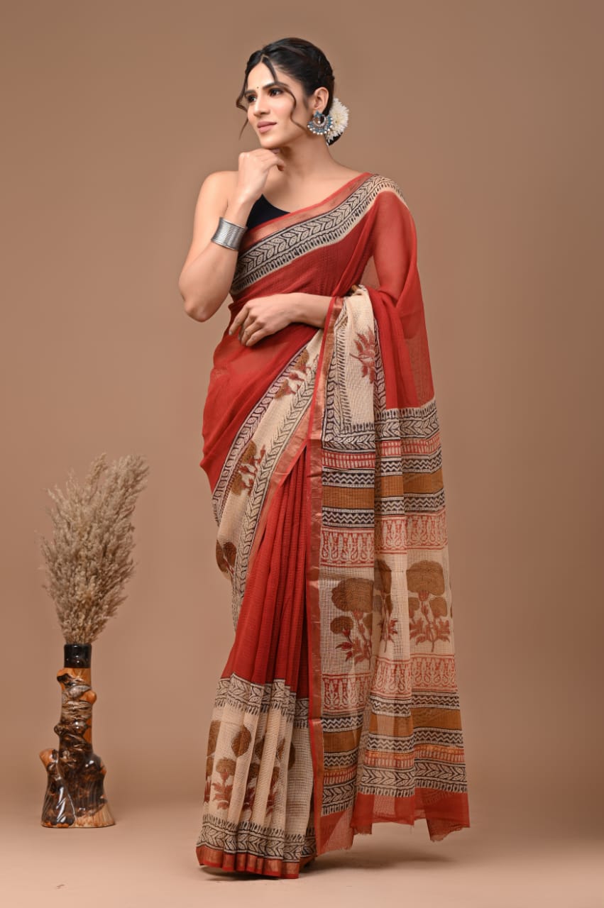 DESIGNER HAND BLOCK PRINTED KOTA DORIYA SILK SAREE(KDSYS08)