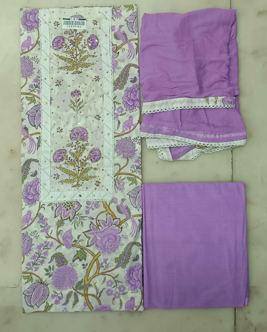 SANGANERI PRINT COTTON SUIT MATERIAL WITH CHIFFION DUPATTA NECK WORK (GOTAYS129)