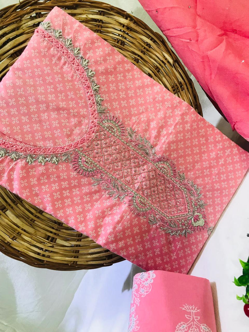 Sanganeri Print Cotton Suit Material with Chiffion Dupatta Hand Work (GOTAYS86)