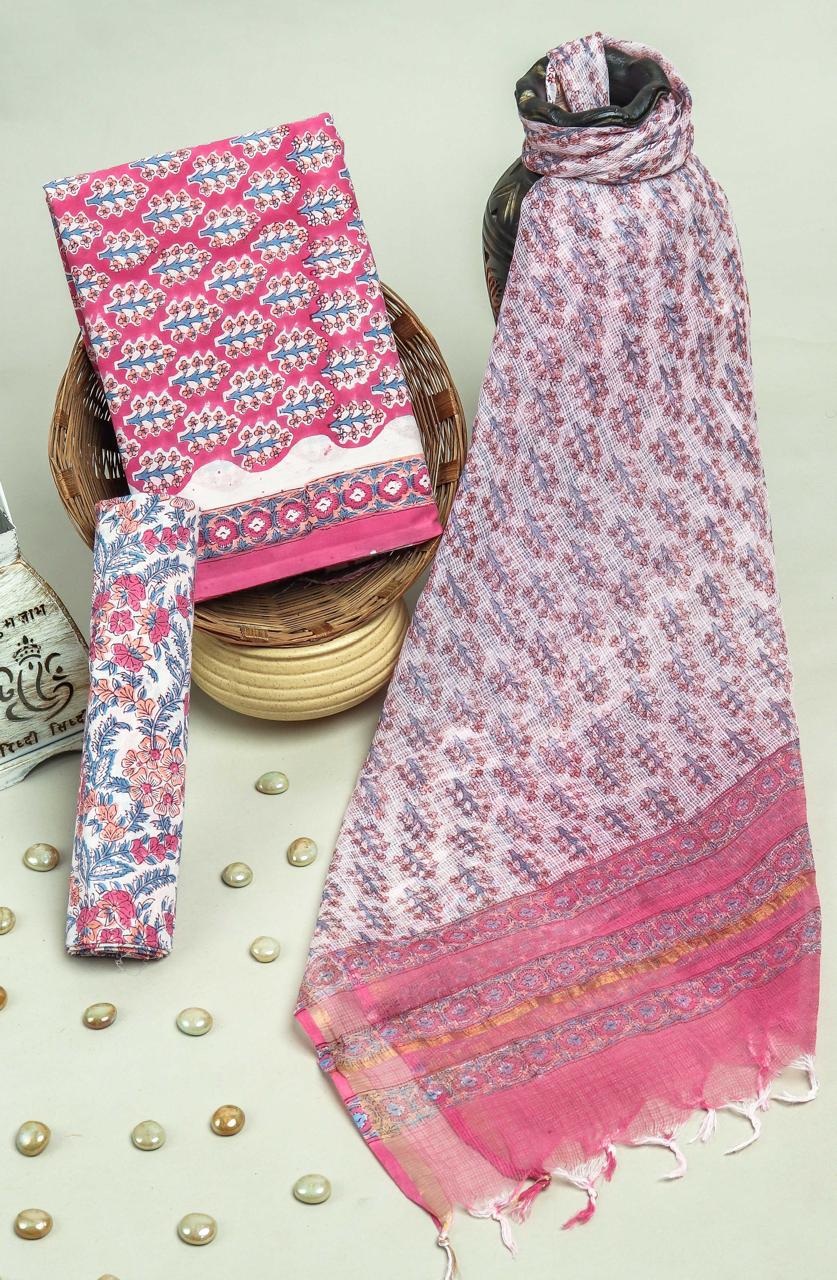 TRADITIONAL HAND HAND BLOCK PURE COTTON SUIT WITH KOTA DORIA DUPATTA (3CKDYS260)